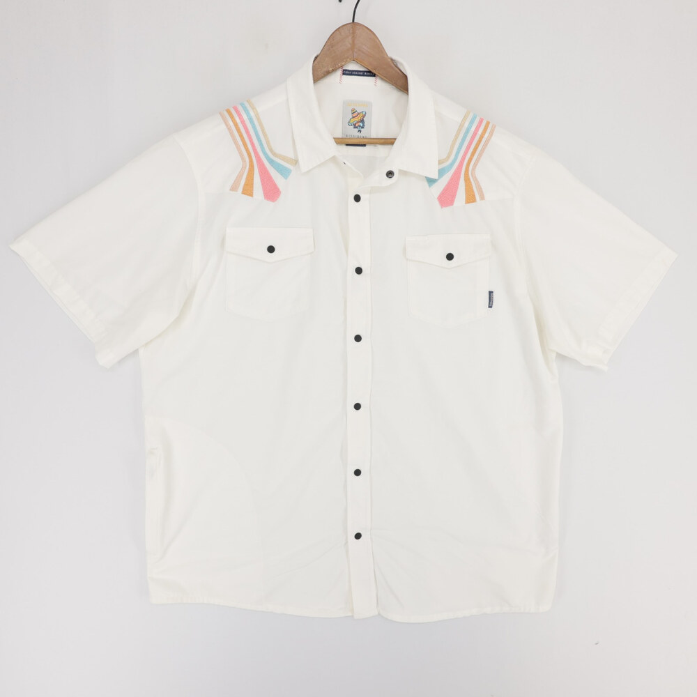 Baja Llama Dissident Shirt Mens 3XL White Embroidered Snap Up Short Sleeve